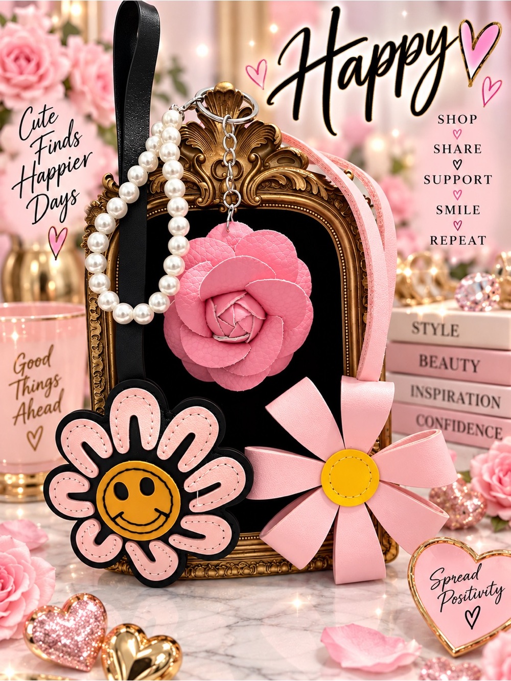 Happy vibes 3 bag charm keychain set